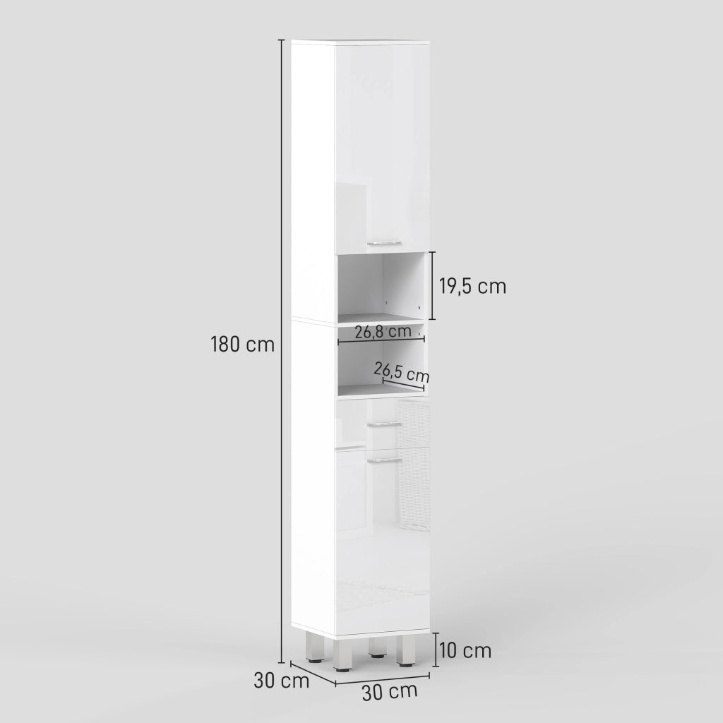 Mobile colonna bagno con ripiani regolabili e scomparti aperti ¨C zephmum ¨C bianco lucido 30x30x180cm