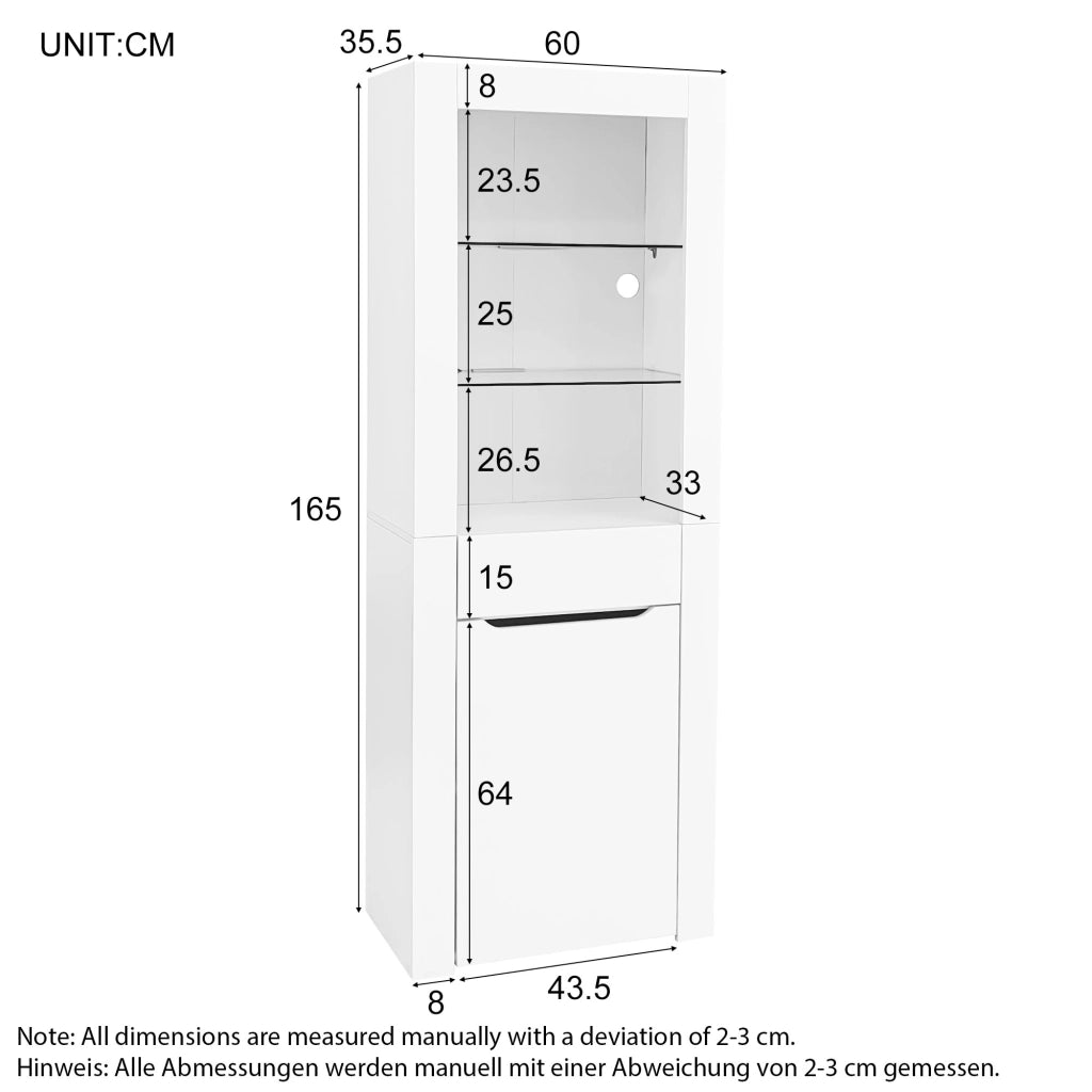 Vetrina con 1 Anta; 1 Cassetto e 2 Ripiani; LED Controllata da App; Bianco Lucido; in Pannelli; 60¡Á35;5¡Á165 cm