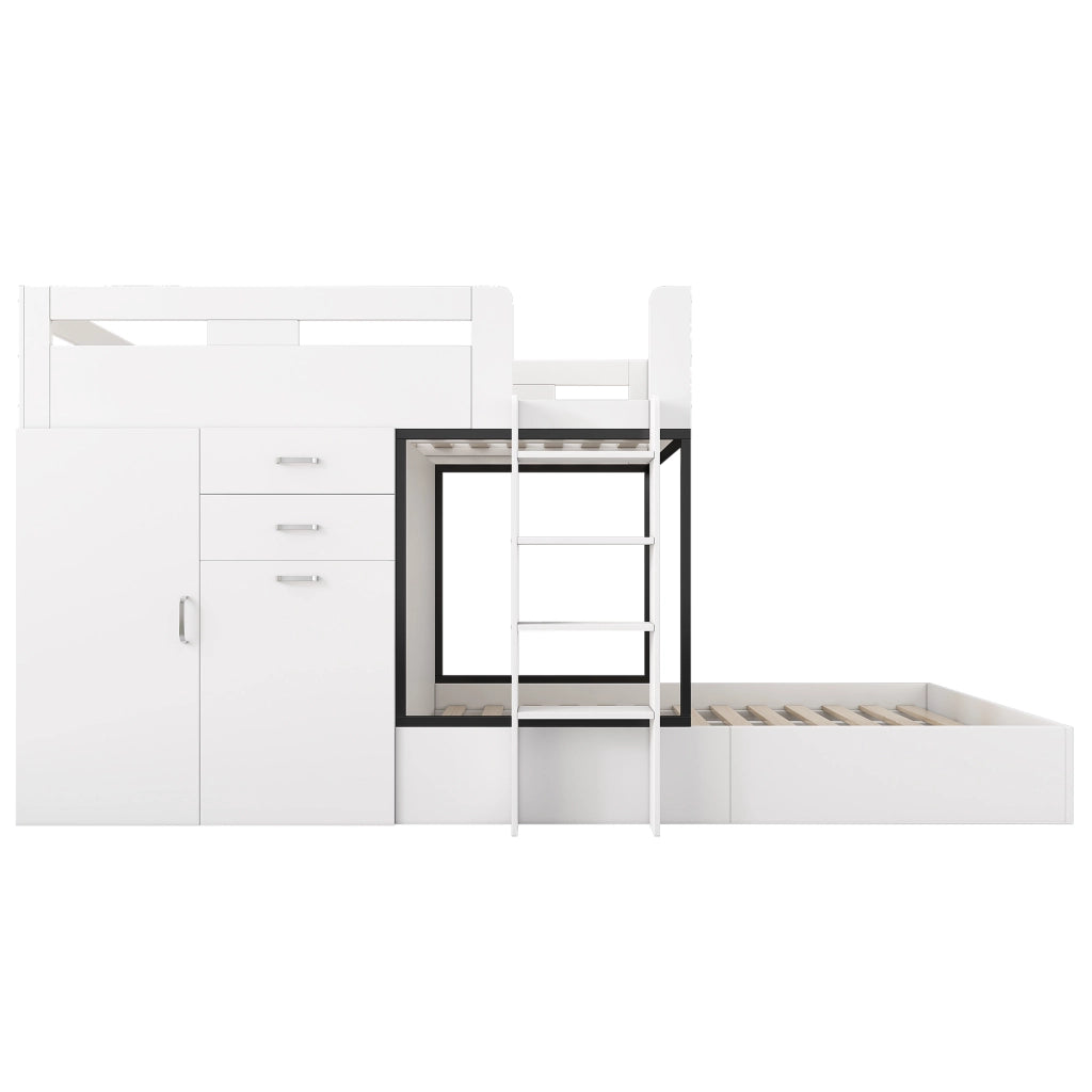 Letto a castello multifunzionale 90x200 cm con scrivania estraibile, armadio, cassetti e ripiani, bianco e nero