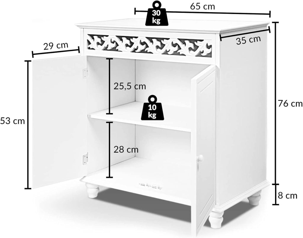 ® Mobiletto Bianco Stile Country 76x65x35cm 2 Scomparti Armadietto Multiuso con Ante Mobile Bagno Consolle Ingresso Credenza Cucina Madia Soggiorno Mobili Salone Arredamento Casa Mobile TV