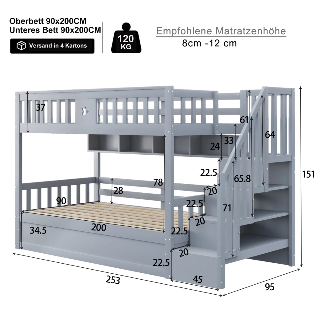 Letto a castello funzione contenitore legno grigio 90x200 cm