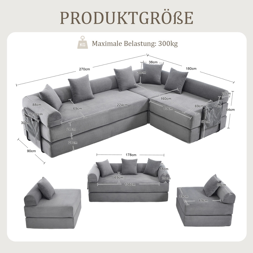 DIVANO Modulare con tasca laterale 270 x 180 x 64 cm in velluto a coste grigio scuro