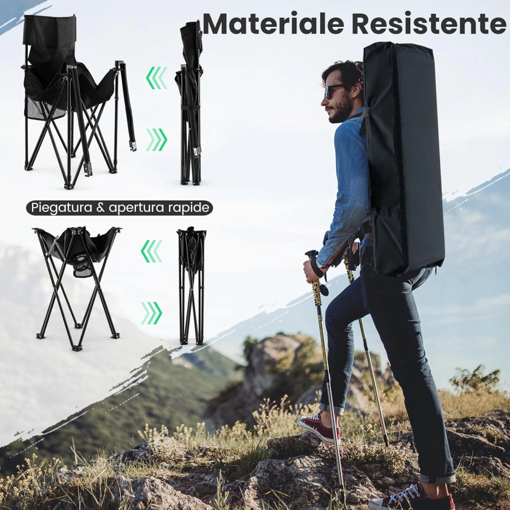 Set di 3 Sedie da Campeggio Pieghevoli, Sedia da Giardino Portatile e Tavolino con 2 Portabicchieri, Tasche Portaoggetti, per Pesca, Escursioni, Picnic