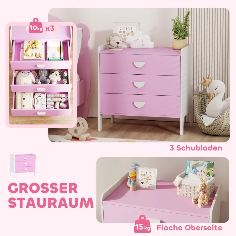 Cassettiera per bambini con 3 cassetti, in MDF, mobile contenitore per bambini, rosa+bianco