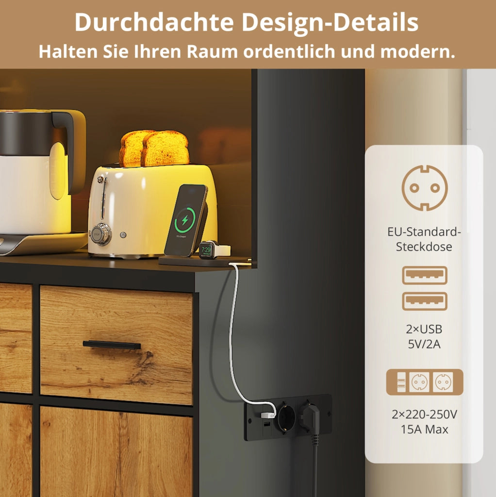 Credenza cucina 100x40x180 cm con LED; 3 cassetti; 6 ante e prese USB; MDF; nero/naturale