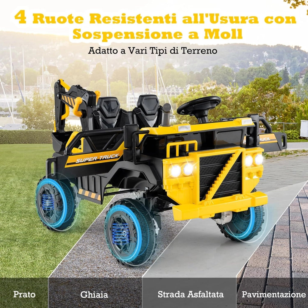 24V Escavatore Elettrico per Bambini, Veicolo da Costruzione 4WD con Telecomando, Musica, Luci, Braccio Scavante, Giocattolo Elettrico per Bambini 3 Anni+