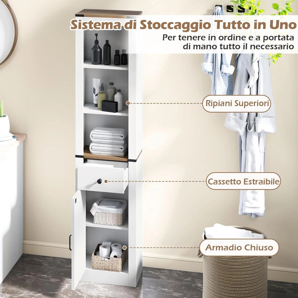 Armadio Bagno Salvaspazio, Mobile Bagno Alto Stretto con Scomparti Aperti, Cassetto e Ripiani Regolabili, Colonna Bagno per Lavanderia, Soggiorno e Cucina, 40 x 24 x 173 cm