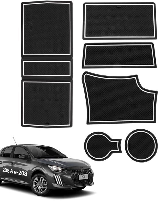 Antislipmattine per Peugeot 208 e-208 2008 e-2008 2020-2024 2025, 6 pezzi di gomma per console centrale, vano portaoggetti, portabibita, cassetto porta manubrio, cassetto porta porte, nero-bianco
