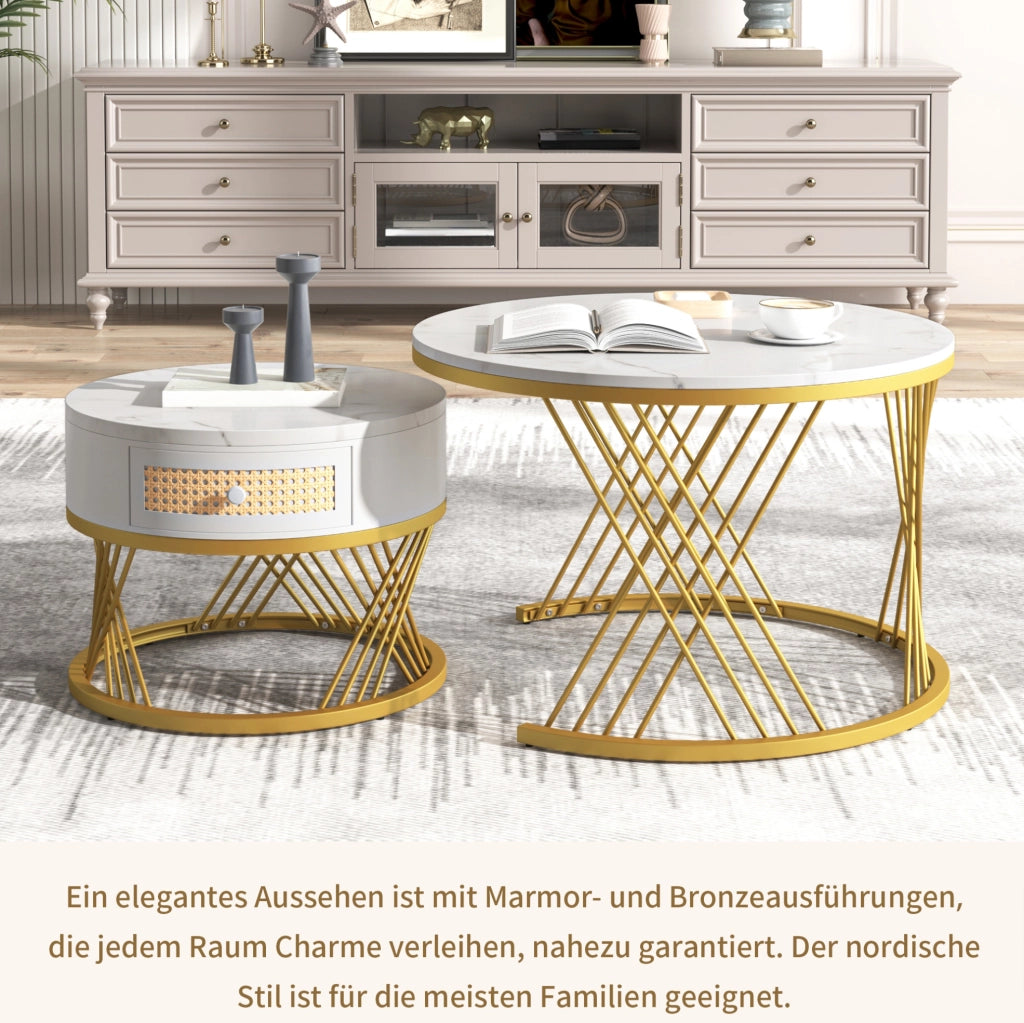 Set di 2 tavolini rotondi MDF bianco e oro con cassetto