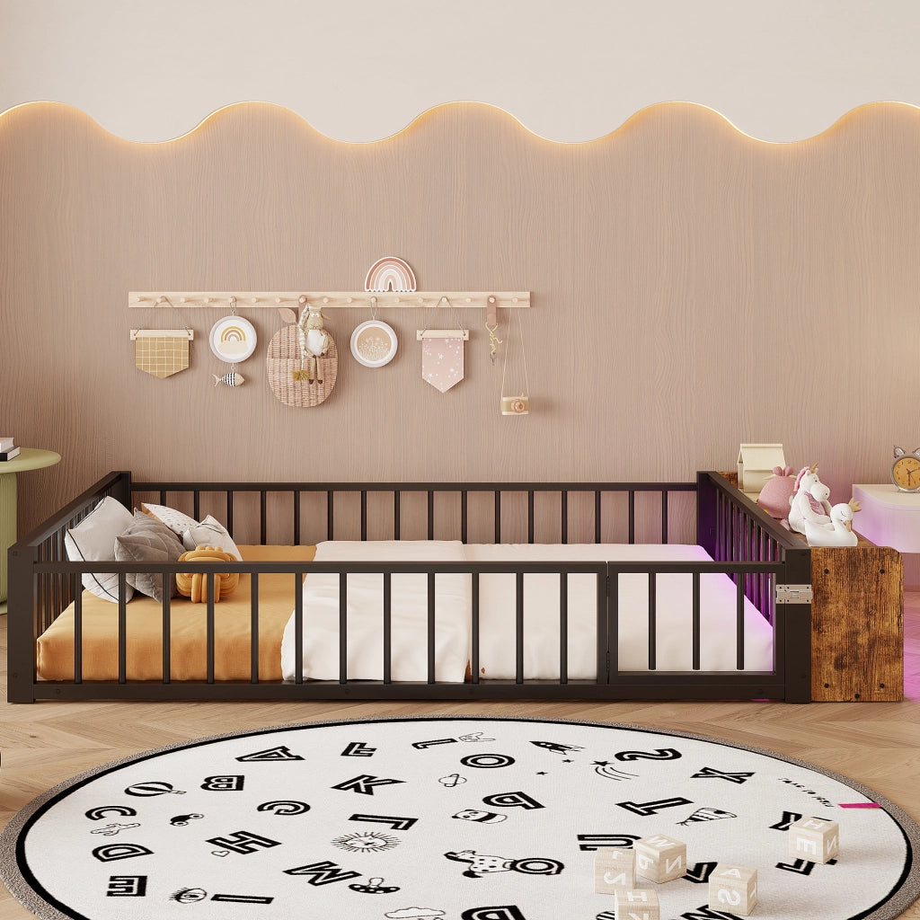 OKWISH Letto per Bambini 140 x 200 cm, Letto Singolo con Sponda, Vano a Giorno e LED, senza Materasso, Nero