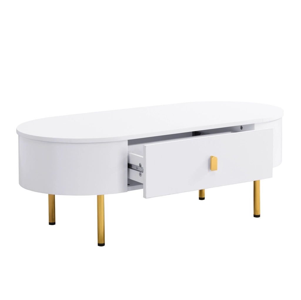 Tavolino da caffè con 2 cassetti; angoli arrotondati; bianco e oro; 108x50x40 cm
