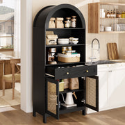 Mobile vetrina ad arco con ante in stile rattan, 170 cm, nero + effetto legno, con 3 vani a vista, 1 cassetto e 2 ante