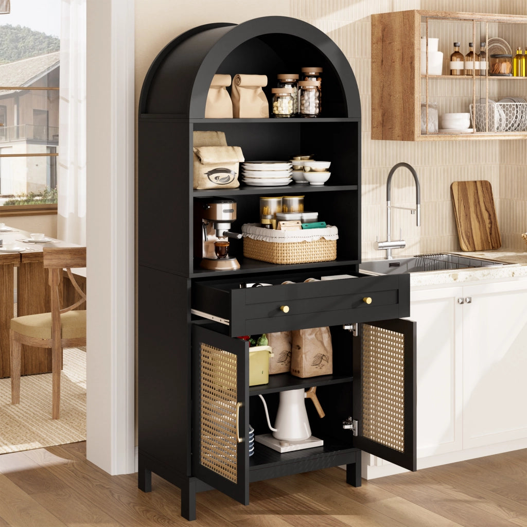Mobile vetrina ad arco con ante in stile rattan, 170 cm, nero + effetto legno, con 3 vani a vista, 1 cassetto e 2 ante