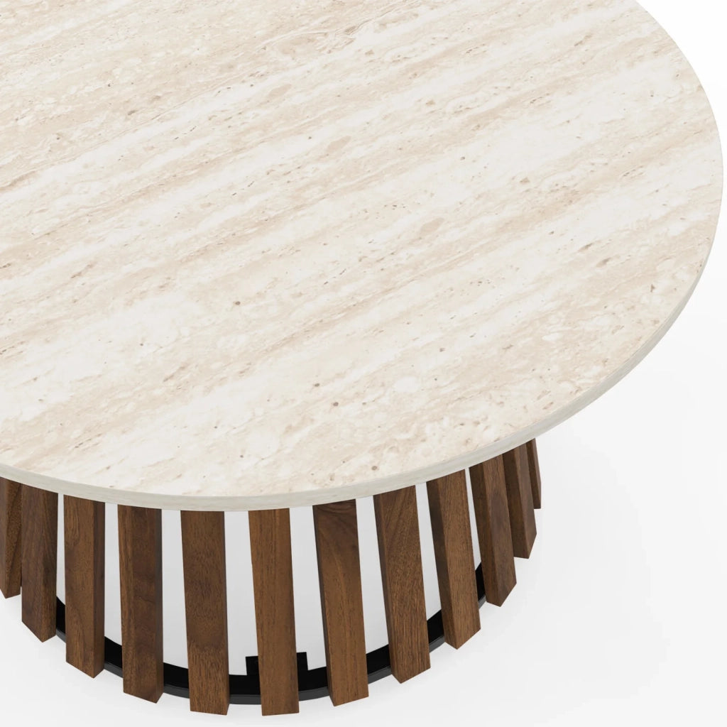 IDMarket - Tavolino rotondo CARMEN 70 cm con gambe in legno effetto noce e piano in travertino