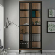 Vetrina Hudhud, Credenza espositiva, Vetrinetta multiuso, Madia da soggiorno, 89x36 h203 cm, Nero e Noce