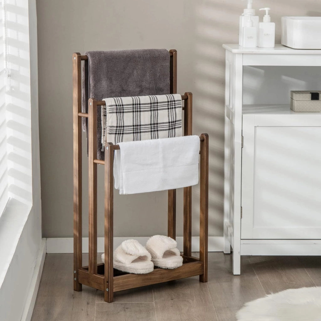 Porta Asciugamani, Porta Asciugamani da Terra, Porta Asciugamani da Terra in Legno, con 3 Aste per Asciugamani, con Ripiano Portaoggetti, Accessori da Bagno in Legno