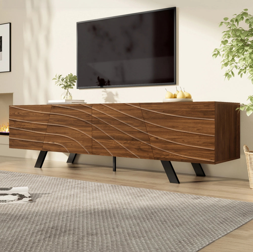 Mobile TV 160x39x50;5 cm con frontale ondulato; passacavi e gambe in ferro; noce