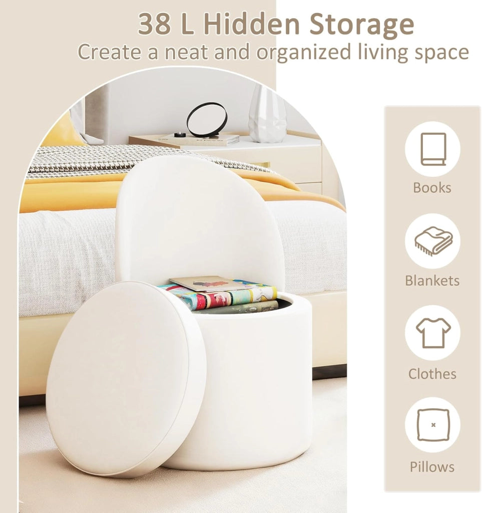 Pouf Contenitore, Sgabello Imbottito in Velluto Sintetico con Schienale e Seduta Imbottita, Portata fino a 150 kg, Sgabello Rotondo con Spazio di Archiviazione, Pouf Moderno per Soggiorno