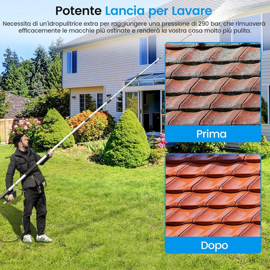550 cm Kit di Prolunga per Idropulitrici, Lancia Telescopica per Idropulitrice con 5 Ugelli 2 Adattatori Accoppiatore Girevole e Imbracatura di Supporto, 4000PSI