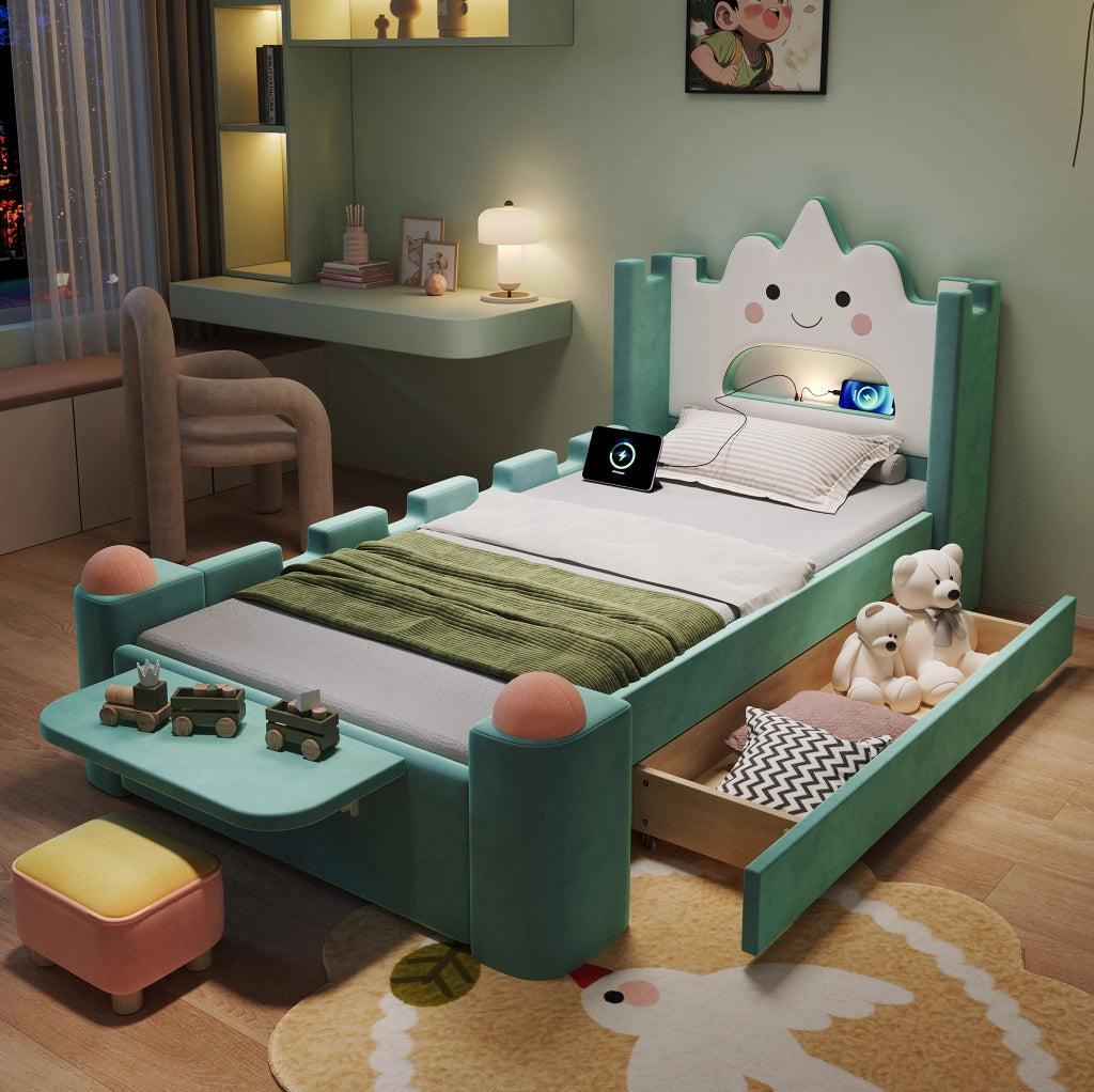 Letto imbottito per bambini 90x200 cm con LED, USB e cassetto