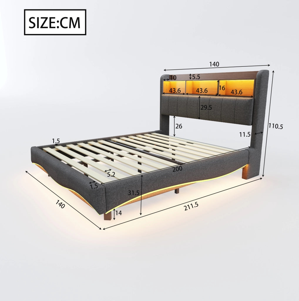 Letto imbottito sospeso 140x200 cm con LED, USB e USB-C in tessuto grigio