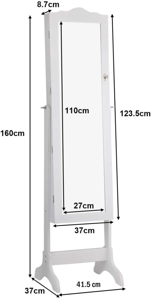Armadietto per Gioie, Portagioie Verticale, Armadietto con 14 Luci a LED, Specchio Regolabile in Altezza, Armadietto con Specchio, Supporto Triangolare, Legno (bianco)