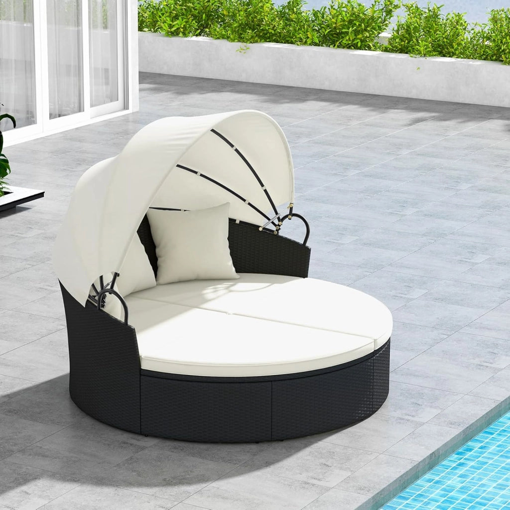 Letto da giardino esterno rotondo Ø187 cm in rattan PE con baldacchino retrattile, divano letto esterno per 2-3 persone, set salotto da giardino con cuscini(Beige)