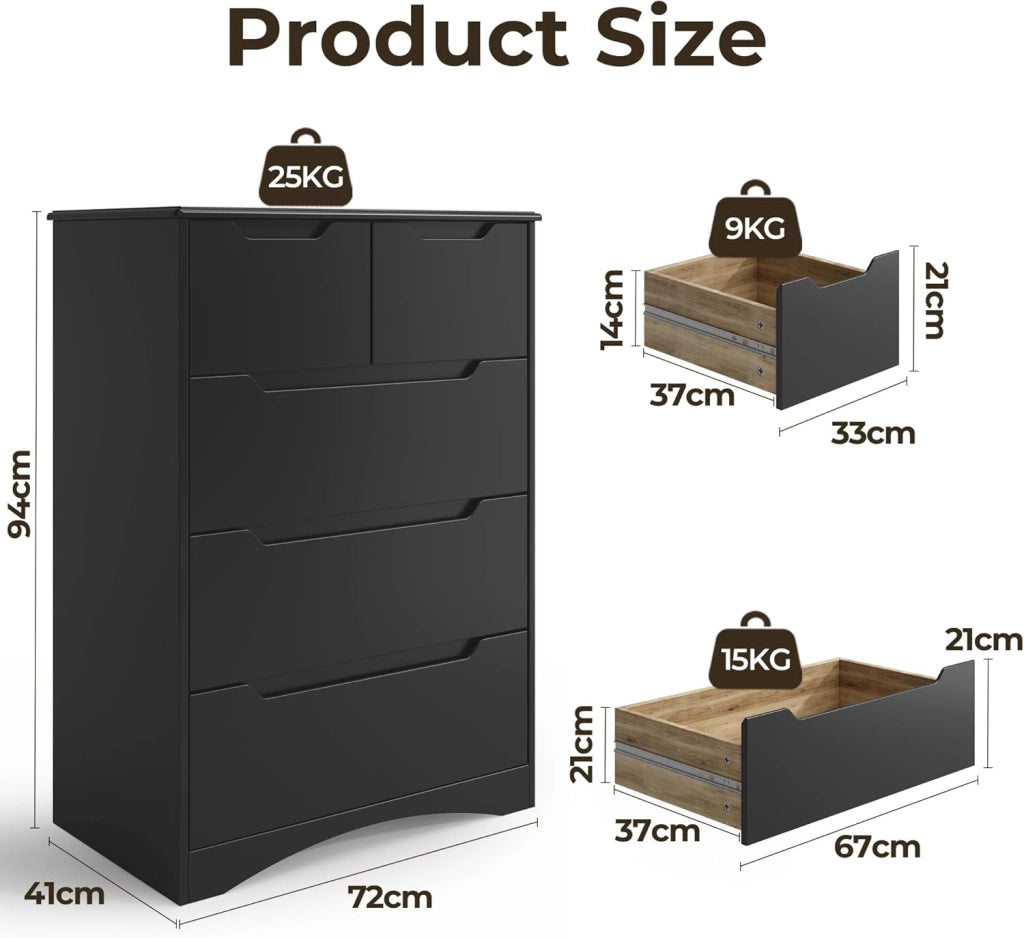 Cassettiera con 5 cassetti, armadio per camera da letto, armadietto per soggiorno, impermeabile e durevole, 94 x 72 x 41 cm (nero)