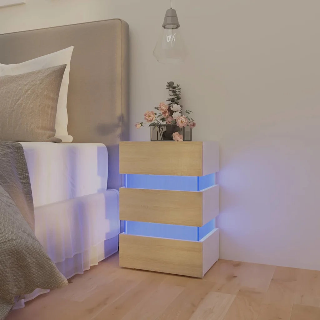Comodino | Armadio da Notte | Mobiletto da notte con Luci LED Bianco e Sonoma 45x35x67cm in Multistrato