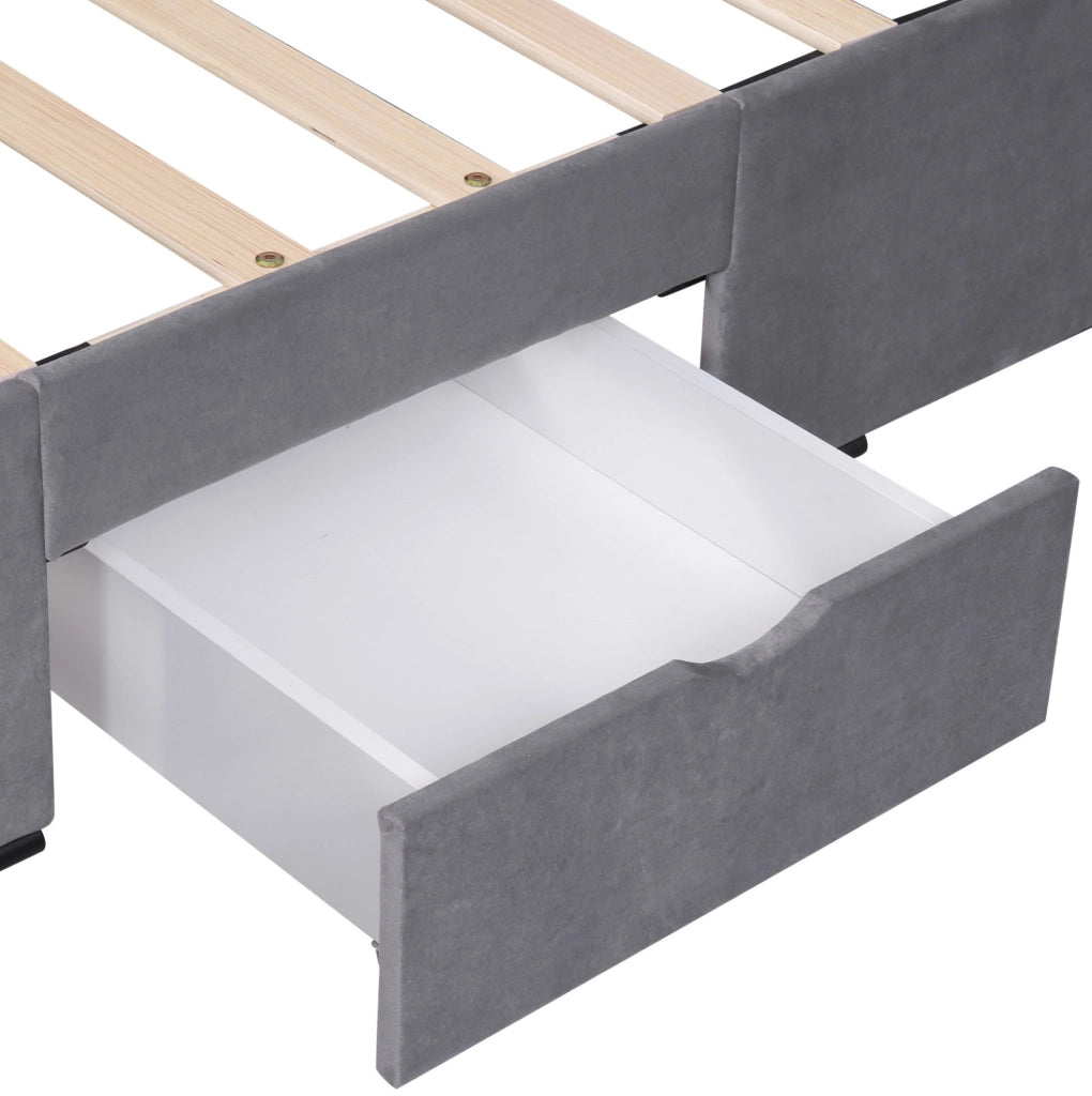 Letto imbottito 160x200 cm in velluto grigio con rete a doghe e 4 cassetti