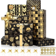Papier da regalo nero oro 6 fogli metallic con set di strisce e adesivi carta da regalo lussuosa con finitura oro per compleanni Natale anniversari 70 x 50 cm
