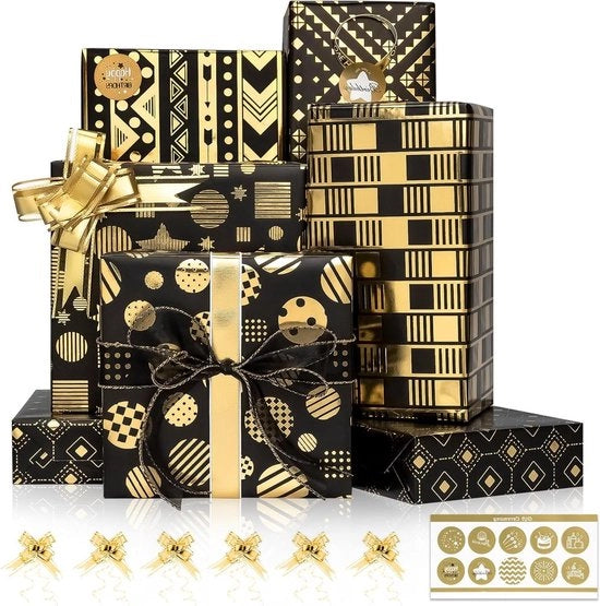 Papier da regalo nero oro 6 fogli metallic con set di strisce e adesivi carta da regalo lussuosa con finitura oro per compleanni Natale anniversari 70 x 50 cm