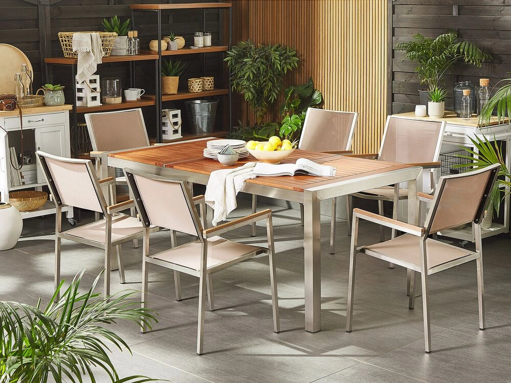 Set da pranzo da giardino con piano in legno di eucalipto chiaro e struttura in acciaio 180 x 90 cm con 6 sedie beige
