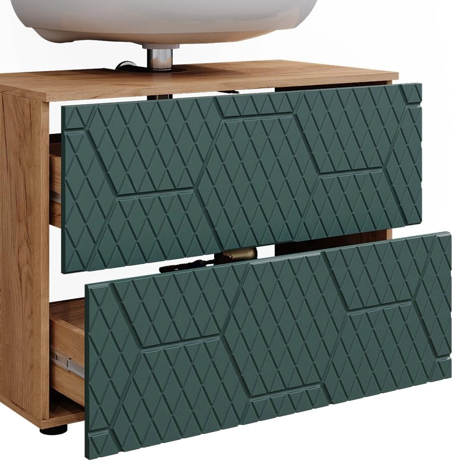 Set mobili bagno Irma, Quercia verde/oro, 80 cm, composto da specchio da bagno e mobile sottolavabo