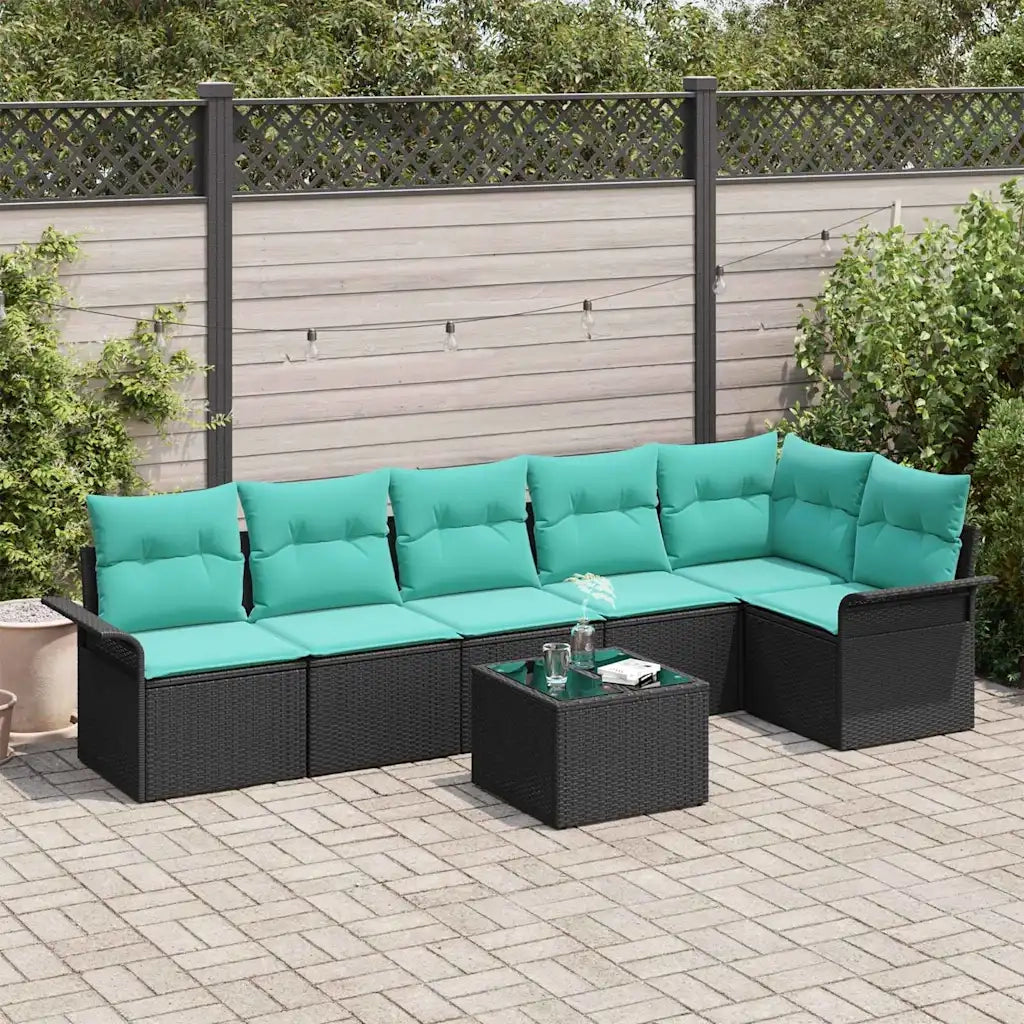 Set Divano da Giardino con cuscino 7 pcs Nero Poly Rattan