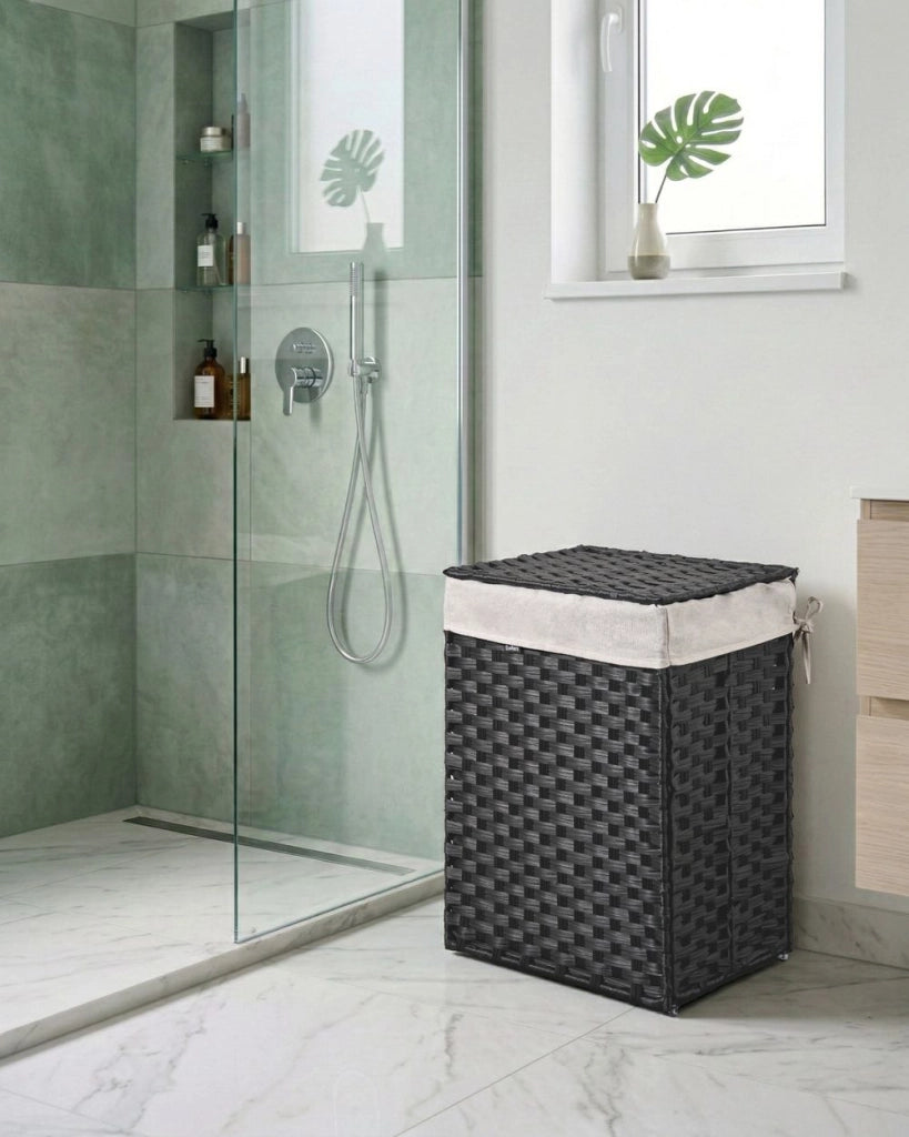 Cesto pieghevole per biancheria sporca in tessuto nero con coperchio e fodera estraibile realizzato a mano per bagno 83 l intrecciato