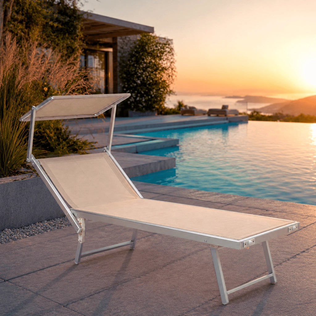 Lettino Prendisole Pieghevole Professionale In Alluminio E Tessuto Textilene Tettuccio Orientabile Tettino Parasole Sdraio Prendi Sole Mare Spiaggia Piscina Giardino 182 x 60 x 38 cm Beige