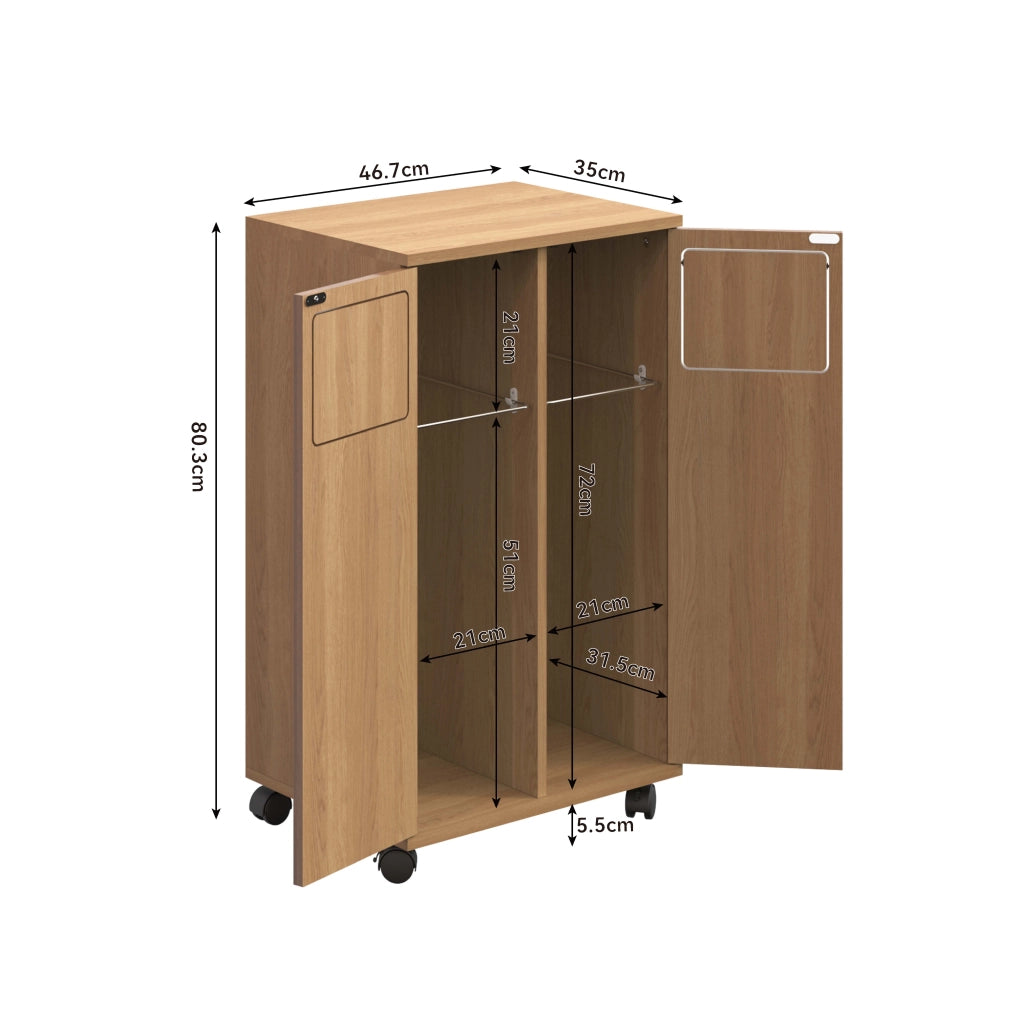 Armadio raccolta rifiuti a 2 scomparti con ruote, effetto rovere, 46,7 x 35 x 80 cm