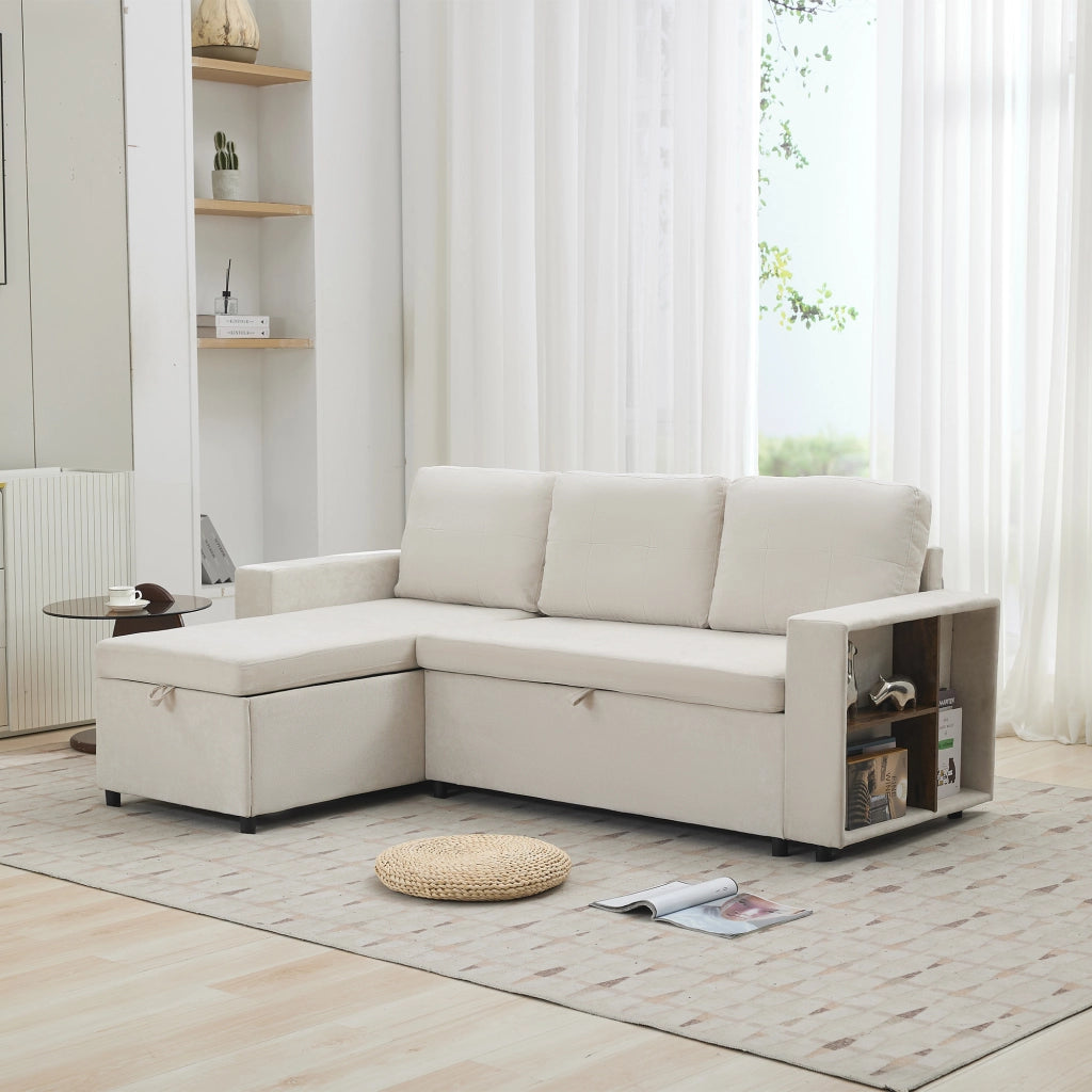 Divano ad angolo con contenitore e chaise longue reversibile in chenille beige per soggiorno 202 × 136 × 85 cm