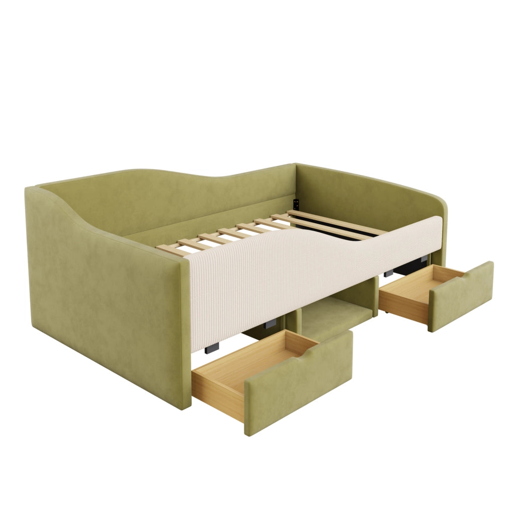 Letto imbottito 90x190 cm con 2 cassetti e sponde in velluto verde e avorio