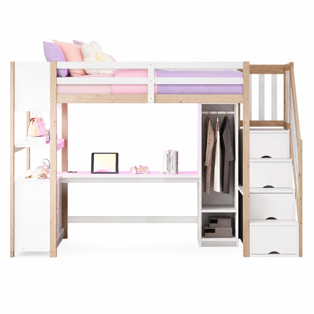 Letto a soppalco multifunzione 90x200 cm con scrivania; armadio; LED; bianco e naturale