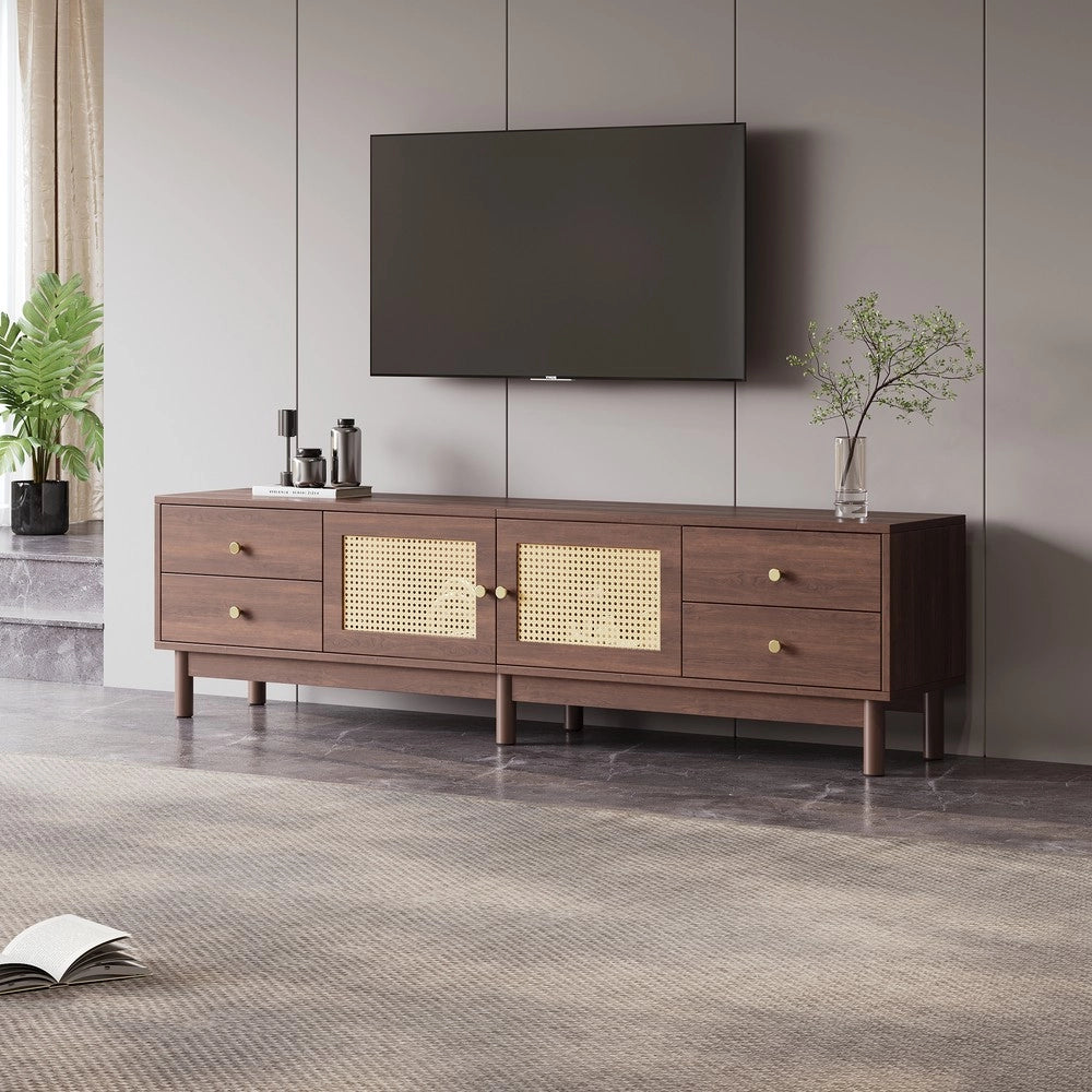 Mobile TV in Legno Scuro con Cassetti e Ante in Rattan ¨C Xylo ¨C 180 cm