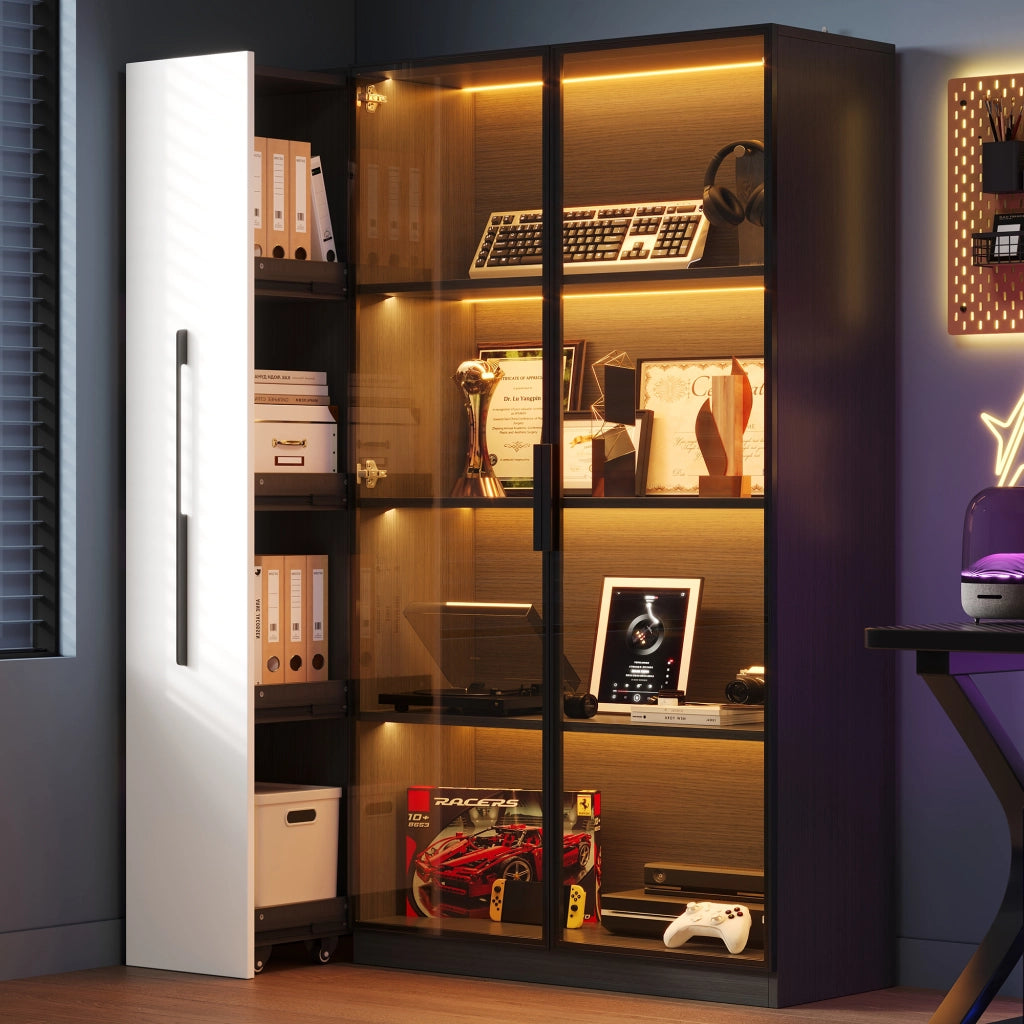 Vetrina in vetro LED 110,5x35x160 cm, design nero e bianco, con estraibile laterale e vani contenitivi