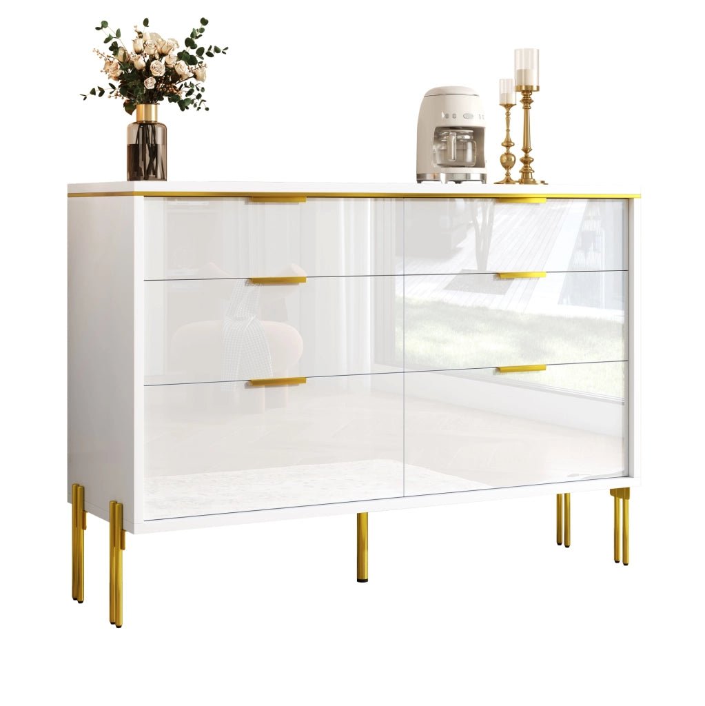 Madia 120x40x85.5 cm con 6 cassetti; frontali lucidi e dettagli dorati; in truciolato; bianco