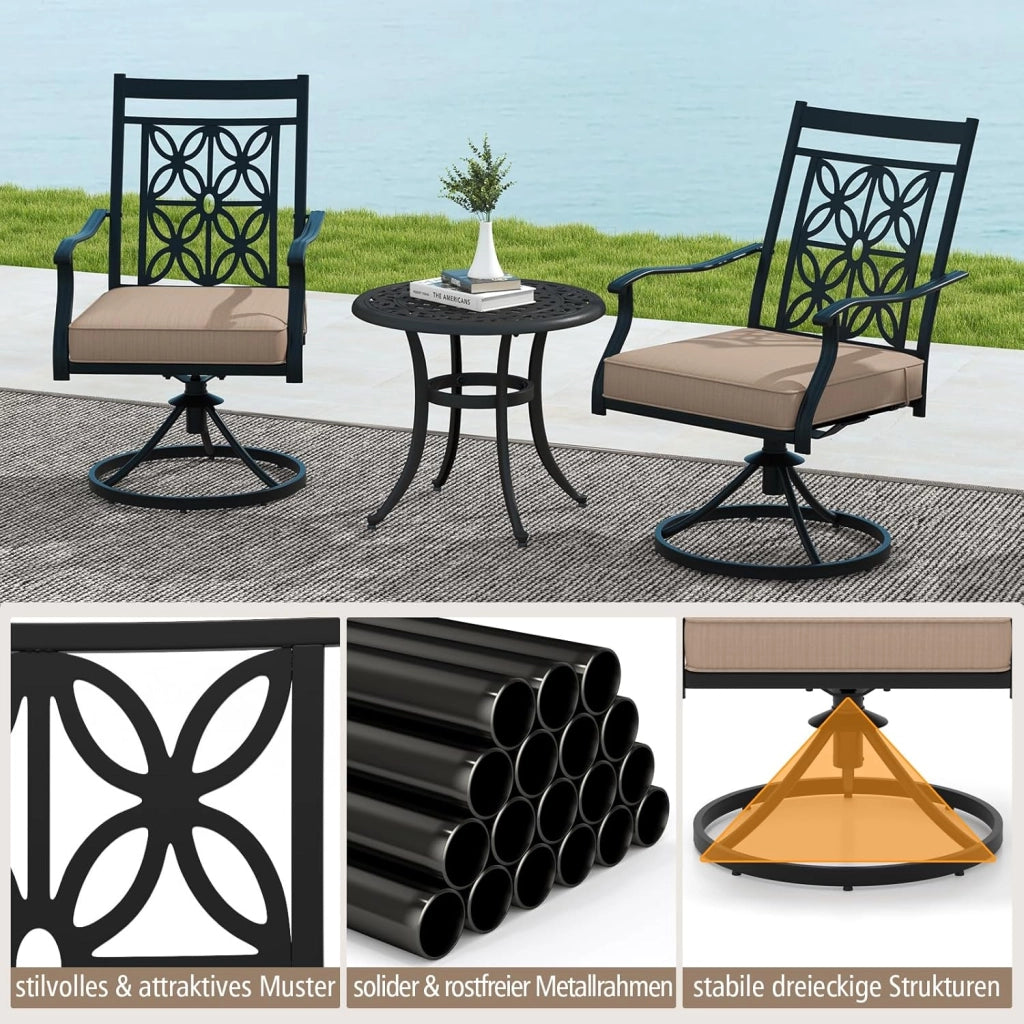 Set di 2 sedie da bistrot girevoli in metallo con braccioli curvi, telaio in metallo robusto e morbido cuscino di seduta, comode sedie da terrazza per giardino, patio, bistrot