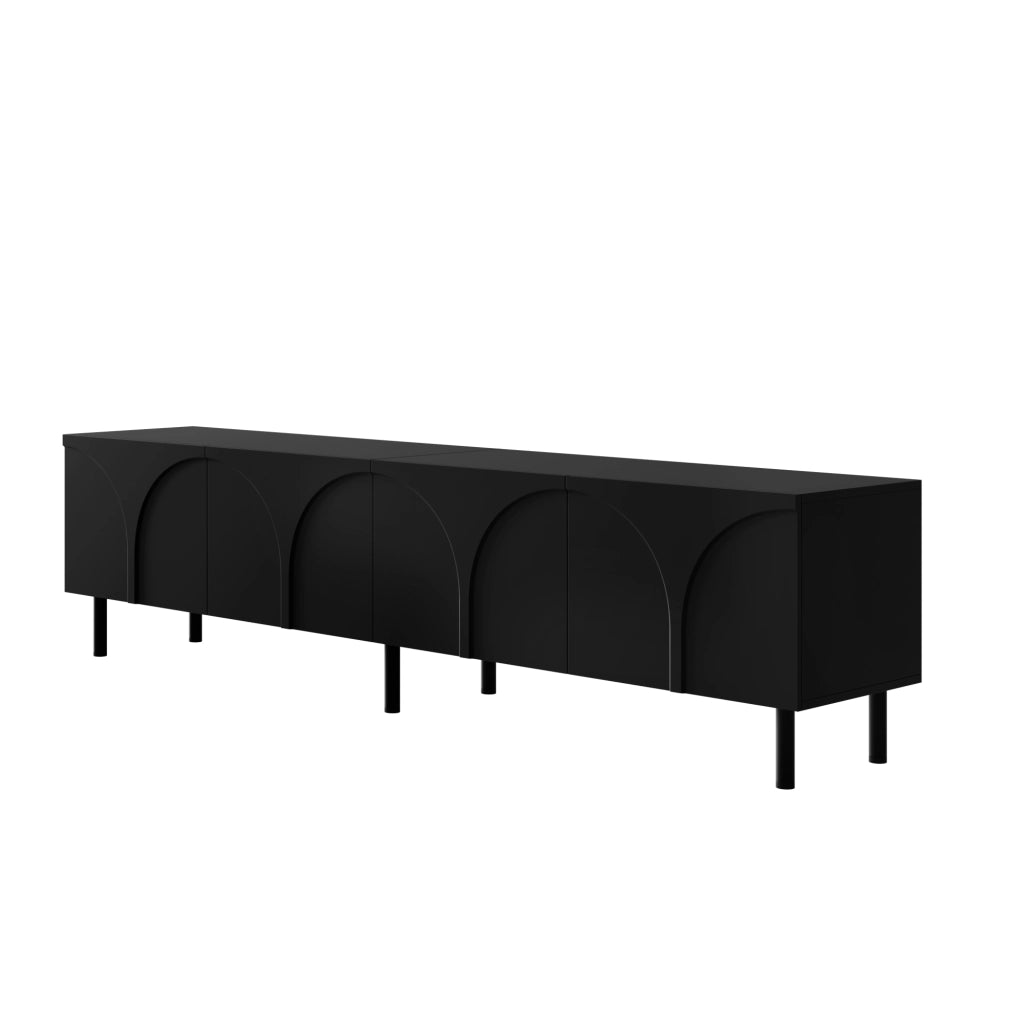 Mobile porta TV con 4 ante e 2 vani separati, piedi in metallo, per soggiorno, in MDF e PB, nero, 180 × 35 × 49 cm