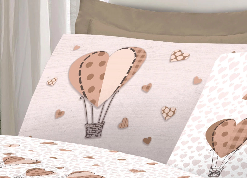 Completo Lenzuola Linea Pensieri Delicati 100% Cotone Disegno Mongolfiera - Singolo - Beige