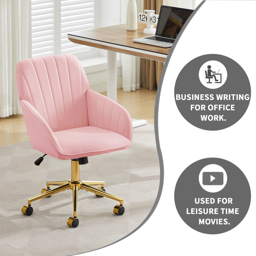 Sedia da ufficio girevole con altezza regolabile, schienale ergonomico e ruote a 360° per casa e studio, in velluto rosa