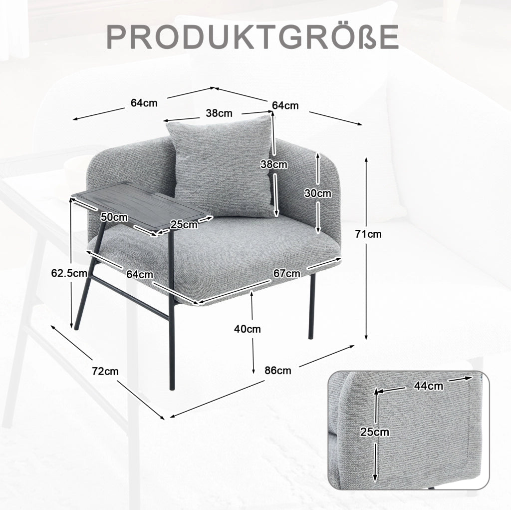 Poltrona relax in chenille grigia con tavolino laterale e tasche