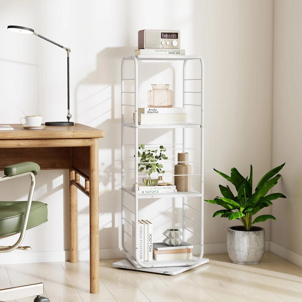 Libreria Verticale Girevole a 360° a 4 Ripiani, Scaffale Salvaspazio con Robusto Telaio in Metallo e Piedini Antiscivolo, Mobile Multifunzionale per Soggiorno e Studio (Bianco + Naturale)